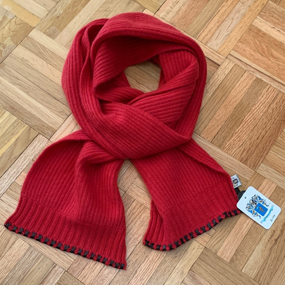 VTG NWT 68” Portolano 100% Cashmere Scarf Red w/ Black Leather Trim